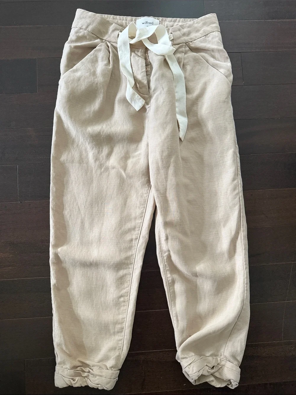 Wilfred Neutral Beige Linen-Blend Drawstring Pants